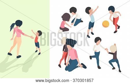 Nanny With Kids. Preschool Teacher Playing Toys And Teaching Happy Children Babies Care Vector Isome