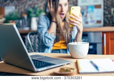 Distance Learning Online Education And Work. Business Woman Having A Facetime Video Call. Surprised 