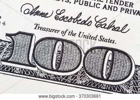 Macro Close Up Of The Part Of Us 100 Dollar Bill.
