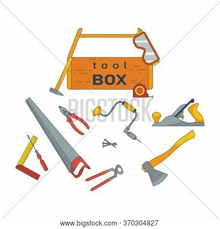 Wooden Tool Box And Carpentry Tools For Work Of Carpenter. Vector Illustration In Flat Style
