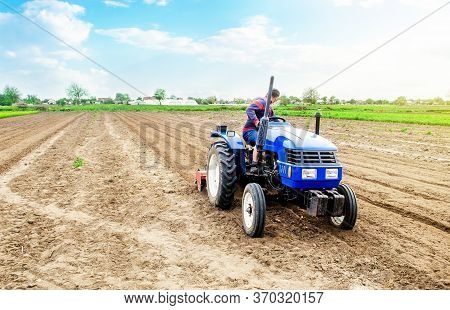 A Farmer Riding A Tractor On A Farm Field. Farming And Work In The Agricultural Industry. Cultivatin