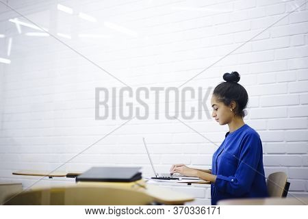 Positive Talented Student Making Presentation For Coursework Project Using Application
