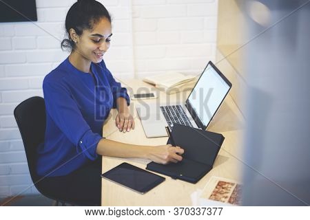 Positive Talented Student Making Presentation For Coursework Project Using Application
