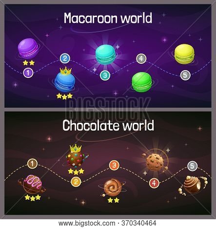 Ingame Level Up Progress Screen. Cosmic Map With Macaroon And Candy Planet. Space Trip Concept.