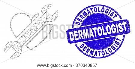 Web Carcass Repair Heart Icon And Dermatologist Seal Stamp. Blue Vector Rounded Grunge Seal Stamp Wi