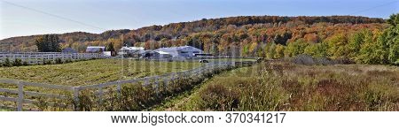 Milton, Ontario / Canada - 10/19/2008: Panoramic View Of A Horse Farm At Niagara Escarpment In Autum