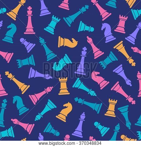 Seamless Vector Pattern With Colored Chess On Blue. Chess Pieces Seamless Print. Vector Illustration