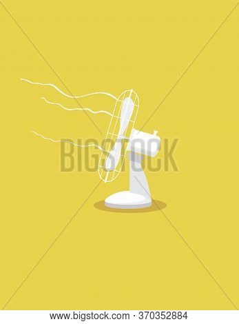 Ventilator For Cooling Air On Yellow Background. Hot Summer Heatwave Symbol, White Appliance.