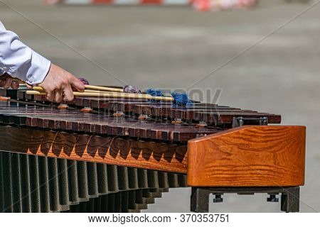 A Street Musician Plays Marimba. The Guy Hands Plays On The Marimba On The Street.