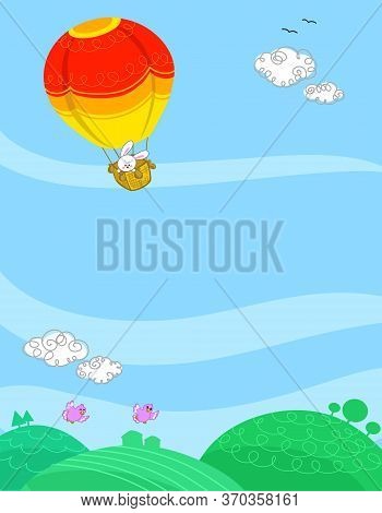 Cute Cartoon Background With Bunny In Hot Air Balloon. Summer Sky Vector Illustration For Kids