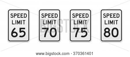 Speed Limit Traffic Signs From 65 To 80 Miles Per Hour. Set Of Vector Graphic Elements For Productio