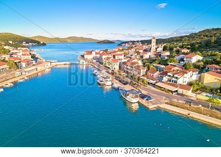 Coastal Town Of Tisno Aerial Panoramic View, Bridge To Island Of Murter, Dalmatia, Croatia