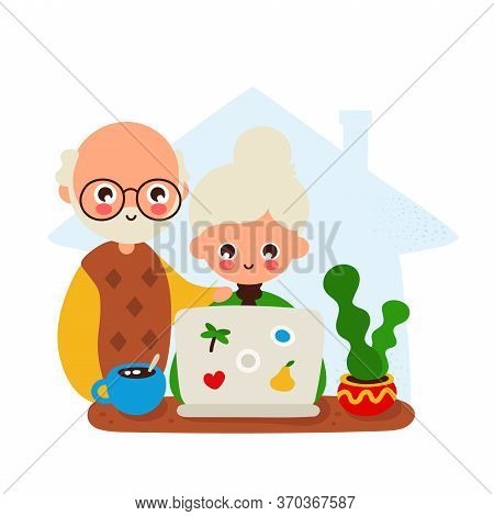 Cute Happy Smiling Old Man And Woman At A Desk With Laptop And Cat.vector Hand Drawing Flat Style Il