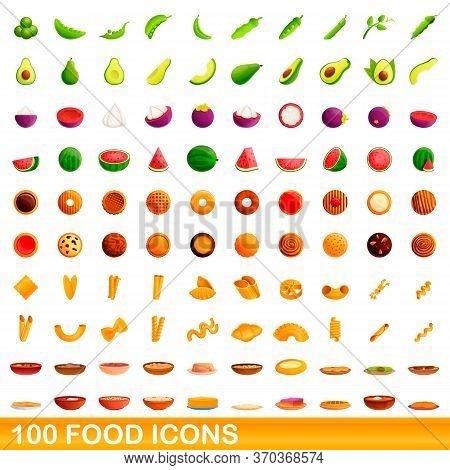 100 Food Icons Set. Cartoon Illustration Of 100 Food Icons Vector Set Isolated On White Background