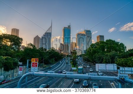 Sydney, Nsw, Australia - November 14, 2017: M1 Highway With Sydney City Skyline At Sunset In The Bac
