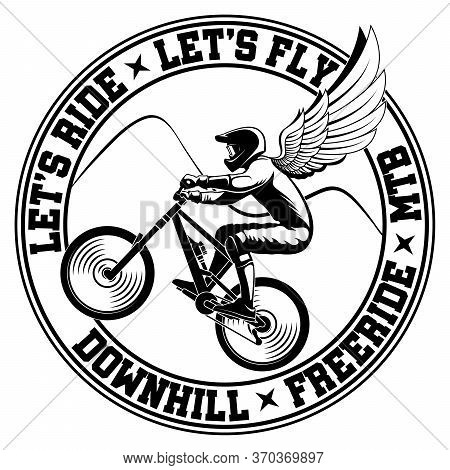 Mountain Bike Emblem. Rider With Wings Vector Illustration.