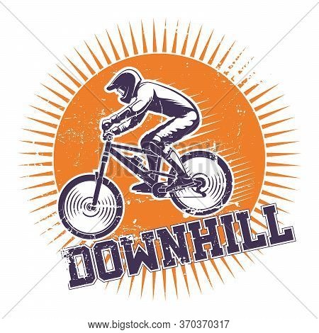 The Emblem Of The Rider Descends From The Mountain. Grunge Effect, Inscription Downhill.