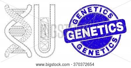 Web Mesh Dna Testtube Icon And Genetics Seal Stamp. Blue Vector Round Grunge Seal With Genetics Text