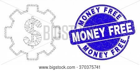 Web Mesh Financial Settings Icon And Money Free Seal. Blue Vector Round Grunge Watermark With Money 