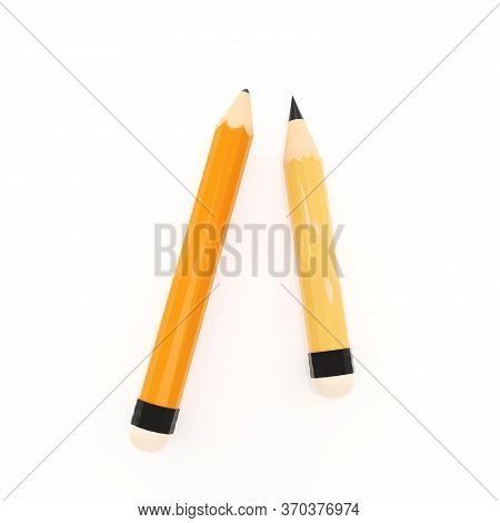 New Pencil With Old And Sharp Pencil On Blank White Paper,3d Illustration Image, Education Learning 