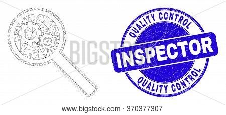 Web Mesh Gears Audit Icon And Quality Control Inspector Seal. Blue Vector Rounded Scratched Seal Wit