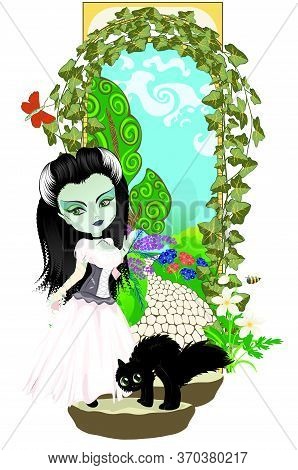 Bride Of Frankenstein At The Gate Of Secret Garden Illustration.