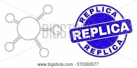 Web Mesh Node Links Icon And Replica Seal Stamp. Blue Vector Rounded Scratched Seal Stamp With Repli