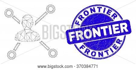 Web Mesh Person Links Icon And Frontier Stamp. Blue Vector Rounded Textured Seal Stamp With Frontier