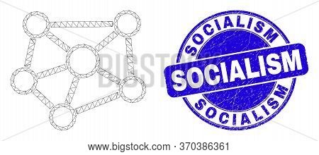 Web Mesh Relations Pictogram And Socialism Watermark. Blue Vector Rounded Scratched Watermark With S