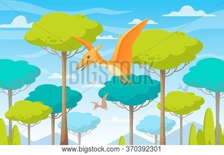 Dinosaurs Cartoon Composition With Wild Nature Landscape Background And Flying Dinosaurs Among High 