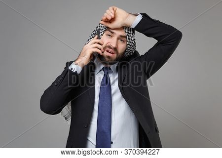 Tired Bearded Arabian Muslim Businessman In Keffiyeh Kafiya Ring Igal Agal Classic Black Suit Shirt 