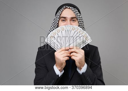 Funny Arabian Muslim Businessman In Keffiyeh Kafiya Ring Igal Agal Classic Black Suit Isolated On Gr