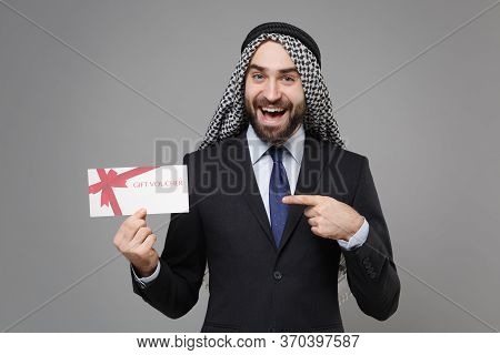 Funny Bearded Arabian Muslim Businessman In Keffiyeh Kafiya Ring Igal Agal Classic Suit Isolated On 