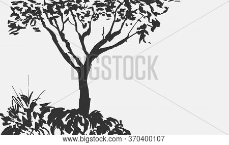 Black Tree Silhouette Isolated On White Background. Isumi-e, U-sin, Gohua Painting Style. Stylized I