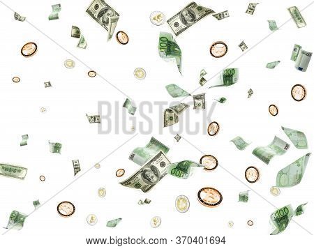 Hundred Dollar Bill. Falling Euro Money, Bitcoin Isolated Background. American Cryptocash