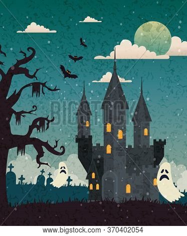 Haunted Castle With Cemetery And Ghost In Halloween Scene, Vector Illustration Design