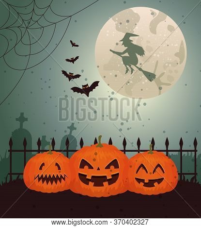 Halloween Design With Witch Over Moon And Cemetery, Vector Illustration Design