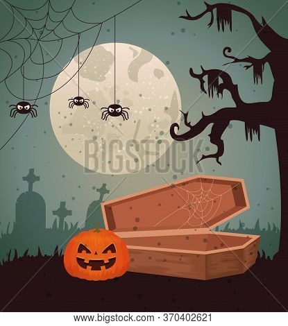 Halloween Design Over Cemetery Background, Vector Illustration