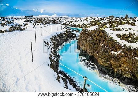 Aerial view of The Blue Lagoon, a geothermal bath resort and one of the most visited places in the south of Iceland. Grindavik, Iceland.