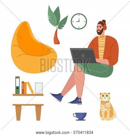 Illustration On The Topic Of Work At Home, Set. A Young Man Works As A Freelancer At Home. People At