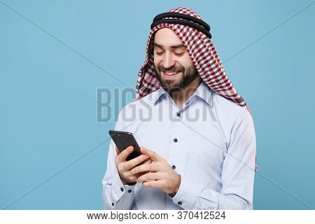 Smiling Young Bearded Arabian Muslim Man In Keffiyeh Kafiya Ring Igal Agal Casual Clothes Isolated O