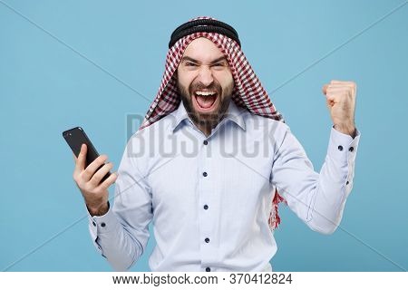 Happy Young Bearded Arabian Muslim Man In Keffiyeh Kafiya Ring Igal Agal Casual Clothes Isolated On 