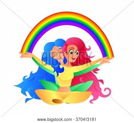 Vector Illustration Of A Same-sex Couple Of Lesbians Who Hold A Rainbow In Their Hands - A Symbol Of