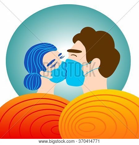 Vector Illustration Of A Kissing Guy And Girl In Medical Masks During The Quarantine Period. Love An