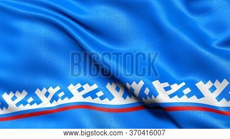 Flag of Yamalo-Nenets Autonomous Okrug waving in the wind. 3D illustration.