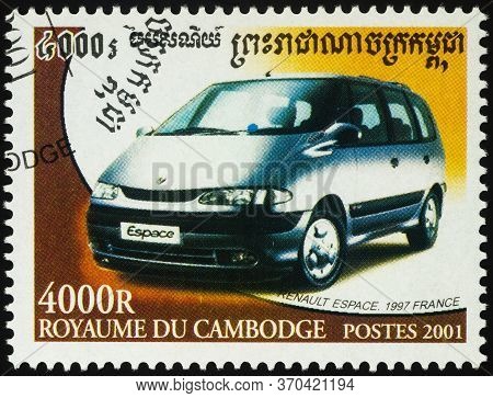 Moscow, Russia - June 08, 2020: Stamp Printed In Cambodia Shows French Minivan Renault Espace (1997)