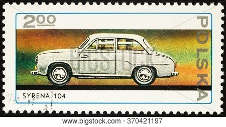 Moscow, Russia - June 07, 2020: Stamp Printed In Poland Shows Car Syrena 104, Series 25th Anniversar