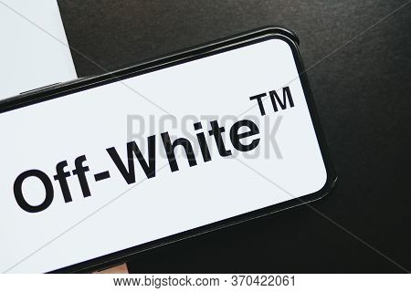 Iphone With Off-white Brand Logo On The Screen, Off White Is Luxury Fashion Street Style Brand . Hig