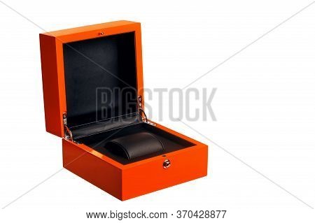 Red Box For Storing Wrist Watches, Open Wooden Box Inside Trimmed With Black Leather For Gift, Label