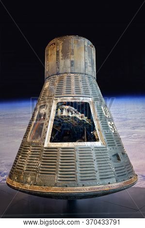 Washington, D.C., USA - November 12, 2017: Historic Mercury capsule Friendship 7, in which John H. Glenn Jr. became the first American to orbit the Earth, is on display in the Smithsonian National Air and Space Museum.